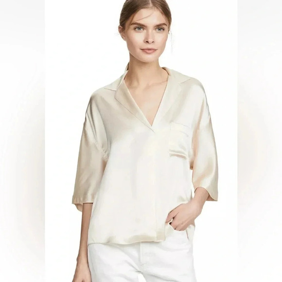 Vince 100% Silk Satin Silk Pajama Shirt Blouse, Pale Alder (Cream) Size XS - Picture 1 of 15